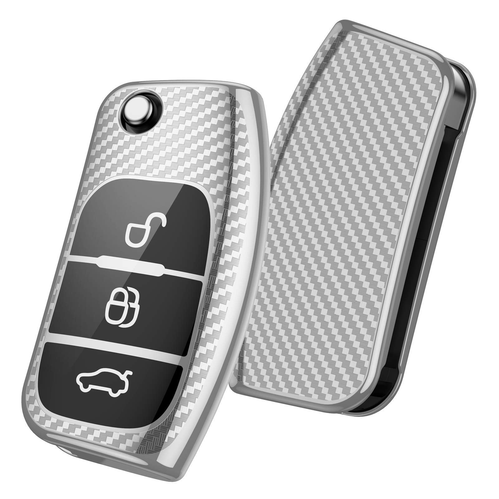 OATSBASF Car Key Cover Compatible with Ford Fiesta Focus Galaxy Fusion Mondeo C-Max S-Max Bantam, 3-Button Key Case Shell TPU Key Box (Silver-Stripe)