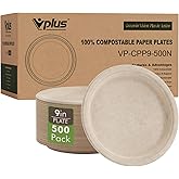 Vplus 500 Pack Paper Plates 9 inch 100% Compostable, Heavy-Duty Disposable Paper Plates Bagasse Natural Biodegradable Eco-Friendly Sugarcane(Nature)
