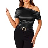 VIDUSSA Off Shoulder Tops for Women - Silk Satin Blouse Dressy Casual Short Sleeve Ruched Asymmetrical Summer Shirts