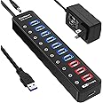 vantisan Powered USB 3.0 hub, 11-Port USB Hub Splitter Extension 7 USB 3.0 Data Ports + 4 Smart Charging Ports with Individual LED On/Off Switches and 12V/3A Power Adapter for USB Devices.