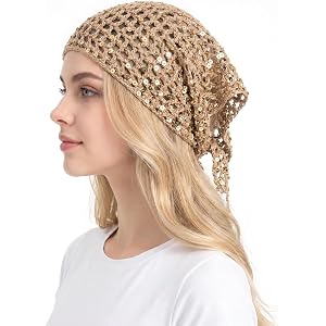 WETMT Crochet Skull Cap for Women Glitter Sequin Mesh Beanie Hat Boho Hollow Out Crochet Hat for Beach Travel Party