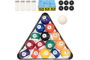 Billiard Pool Balls with Triangle Ball Rack, Cue Chalks, Table Spot Stickers & Tip Replacements - Pool Table Accessories