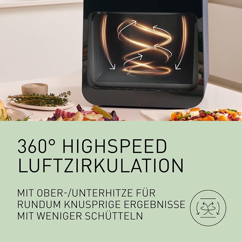 NF-CC600AXE Air Fryer mit Sichtfenster, 6 l, 80–200 °C, digitaler Timer & LCD-Display, sanfte Dampfzugabe, 11 Voreinstellungen, einfache Reinigung, Schwarz mit Griff in Roségold
