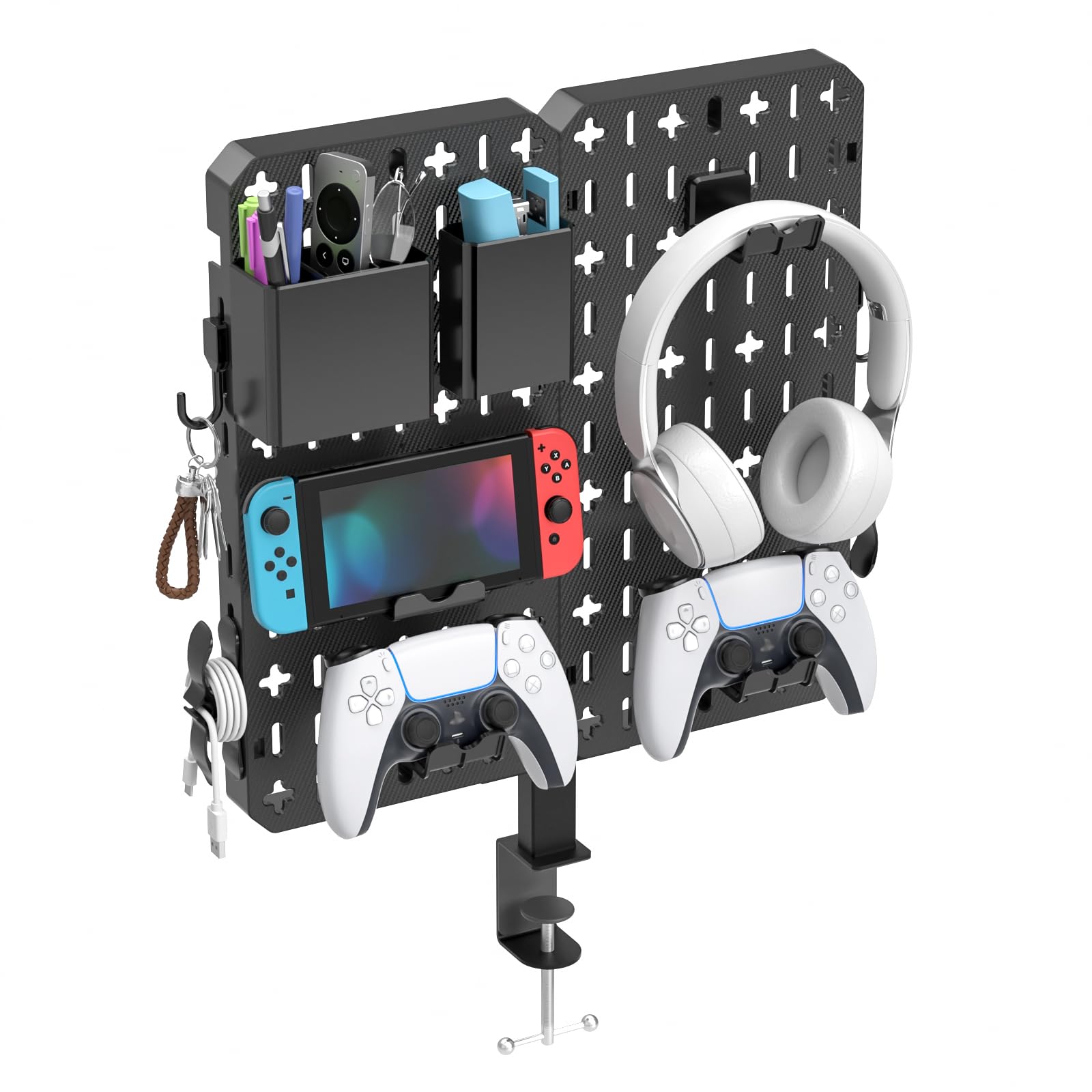 KDD Desk Pegboard Combination Kit - 7 in 1 Gaming Desk Pegboard with Phone Stand/Pen Holder/Storage Box/Headset & Controller Holder/Hooks for Office & Home Desktop Pegboard Organizer