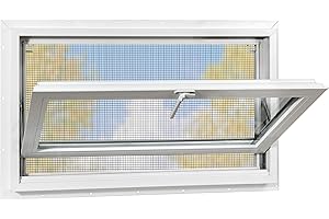 Vinyl Basement Hopper Window, 32" x 18" Bathroom Window with Double Pane Insulated Glass and Fiberglass Screen, White PVC Fra