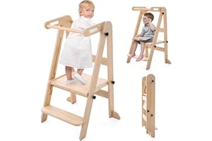Foldable Toddler Tower, Kitchen Stool Helper, Standing Tower with 3 Adjustable Heights and Non-Slip-Strips, Kitchen Tower for