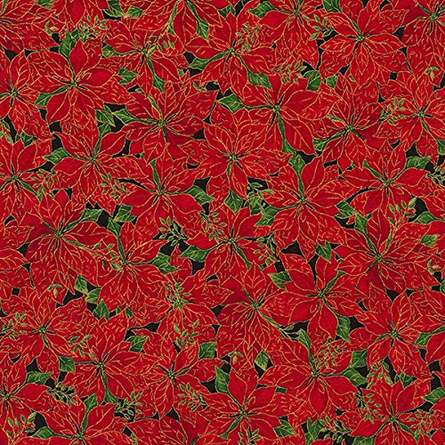 Timeless Treasures Joyful Season Packed Poinsettias Metallic Red Fabric by The Yard