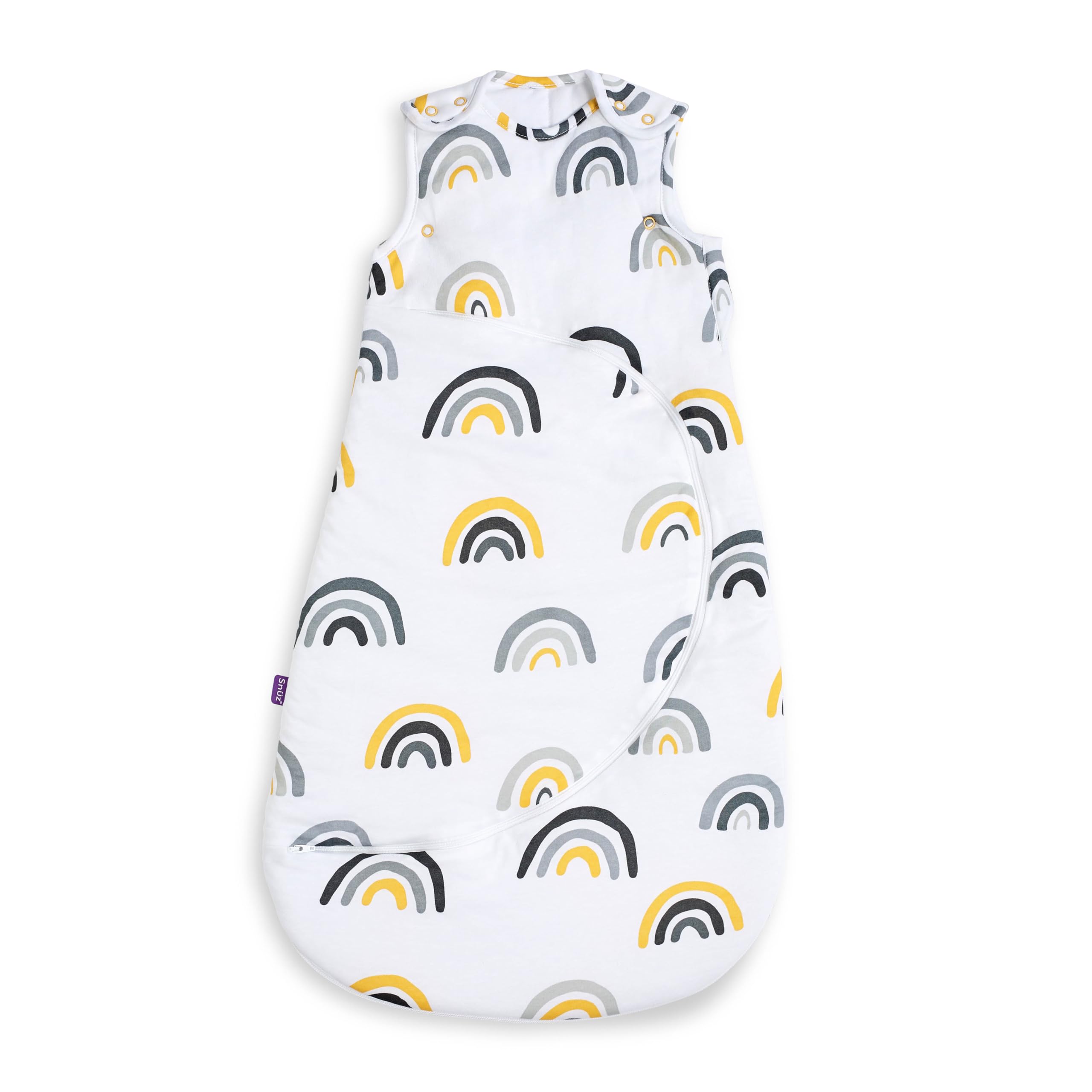 Snuz Baby Sleeping Bag with Nappy Zip - For Easy Nappy Changes, Super Soft Cotton Sleeping Bags with Easy Fit Poppers, Meets British Safety Standard, Mustard Rainbow, 2.5 Tog 0-6M