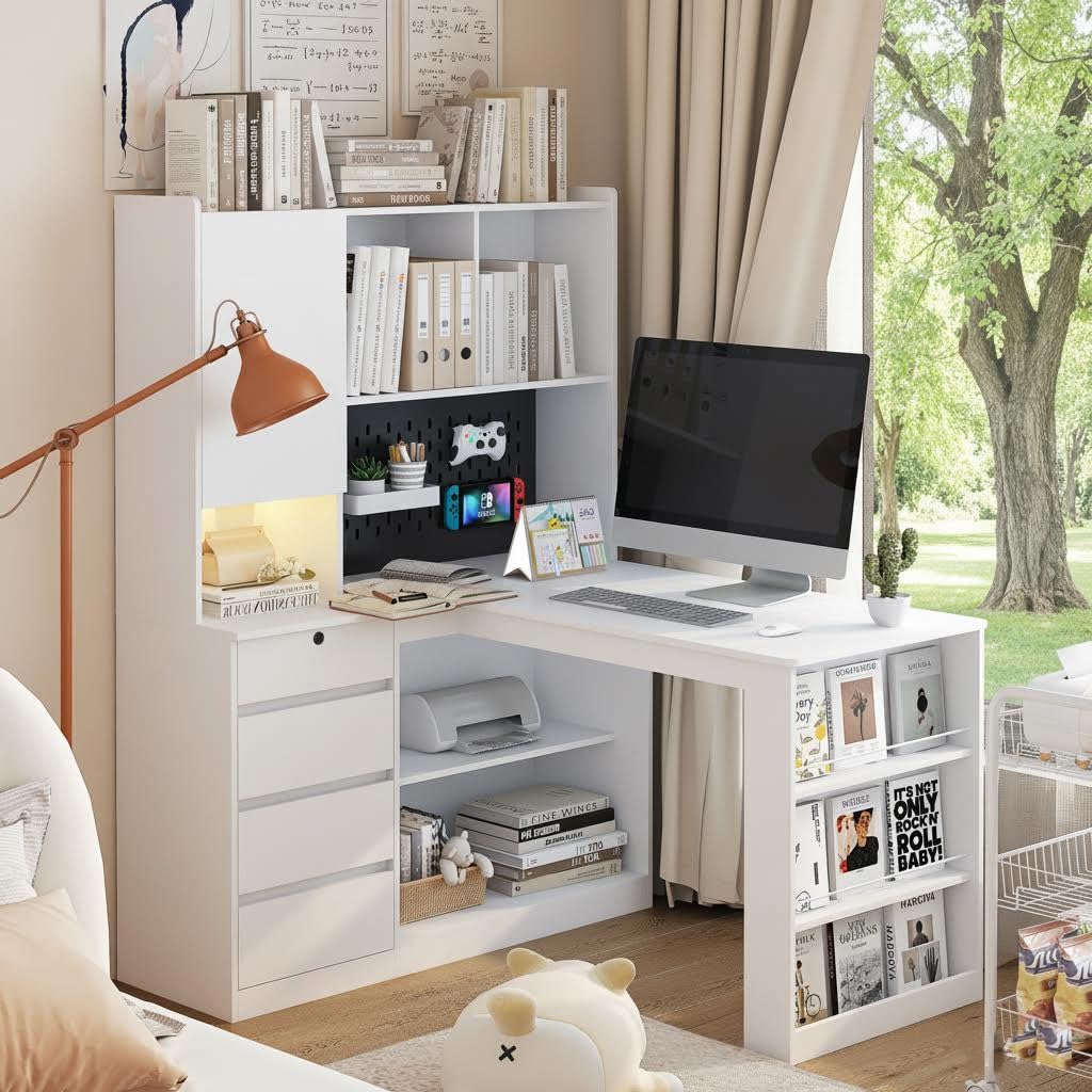 Photo 1 of *** BLACK COLOR*** RuiSiSi Modern L Shaped Desk with Hutch and 3 Drawers, Executive Office Desk with Hutch & Drawers and Bookshelf, Study Table Writing Desk with LED Light, Gaming Computer Desk with Storage, White