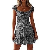 YOBECHO Womens Summer Sexy Sweetheart Collar Printed Ruffle Mini Dress
