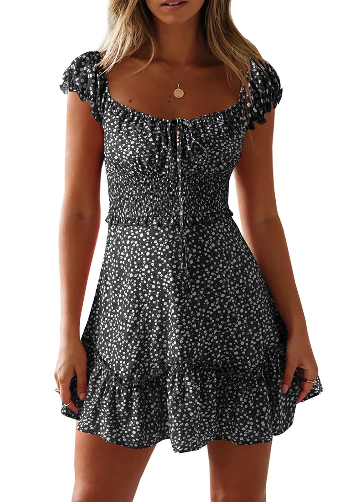 Photo 1 of YOBECHO Womens Summer Sexy Sweetheart Collar Printed Ruffle Mini Dress Black