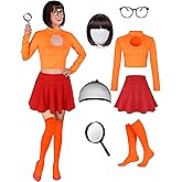 Women Costume Adult Top Skirt and Socks, Bob Wig, Glasses, Magnifying Glass for Halloween Women Cosplay Set