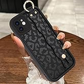 MOWIME Compatible with iPhone 12 Case with Wrist Strap, [Upgraded] Adjustable Wristband Kickstand Case for Women Girls, Cheetah Print Shockproof Silicone Protective Case 6.1 Inch, Black