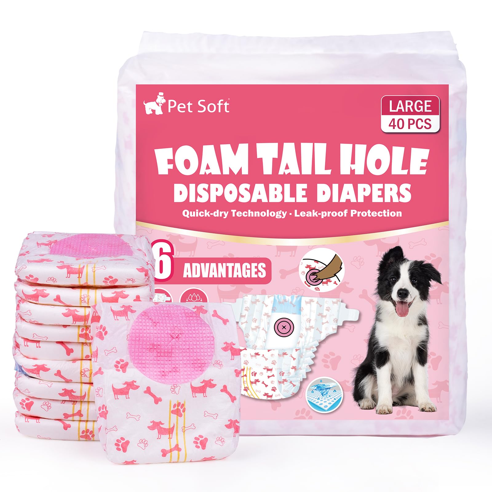 Pet Soft Dog Nappies Female, 40 Count Disposable Dog Pants Female Large, Super Absorbent Disposable Dog Diapers for Girl Dogs in Season/Heat/Incontinence with Adjustable Tail Hole (L 40Count)