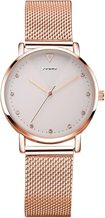 Alienwork Reloj Mujer Oro Rosa Banda de Malla Metálica Blanco ...