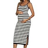 MARI GABRIEL Womens Bodycon Maternity Dress Knit Sleeveless Striped Midi Summer Pregnancy Dresses Photoshoot Baby Shower