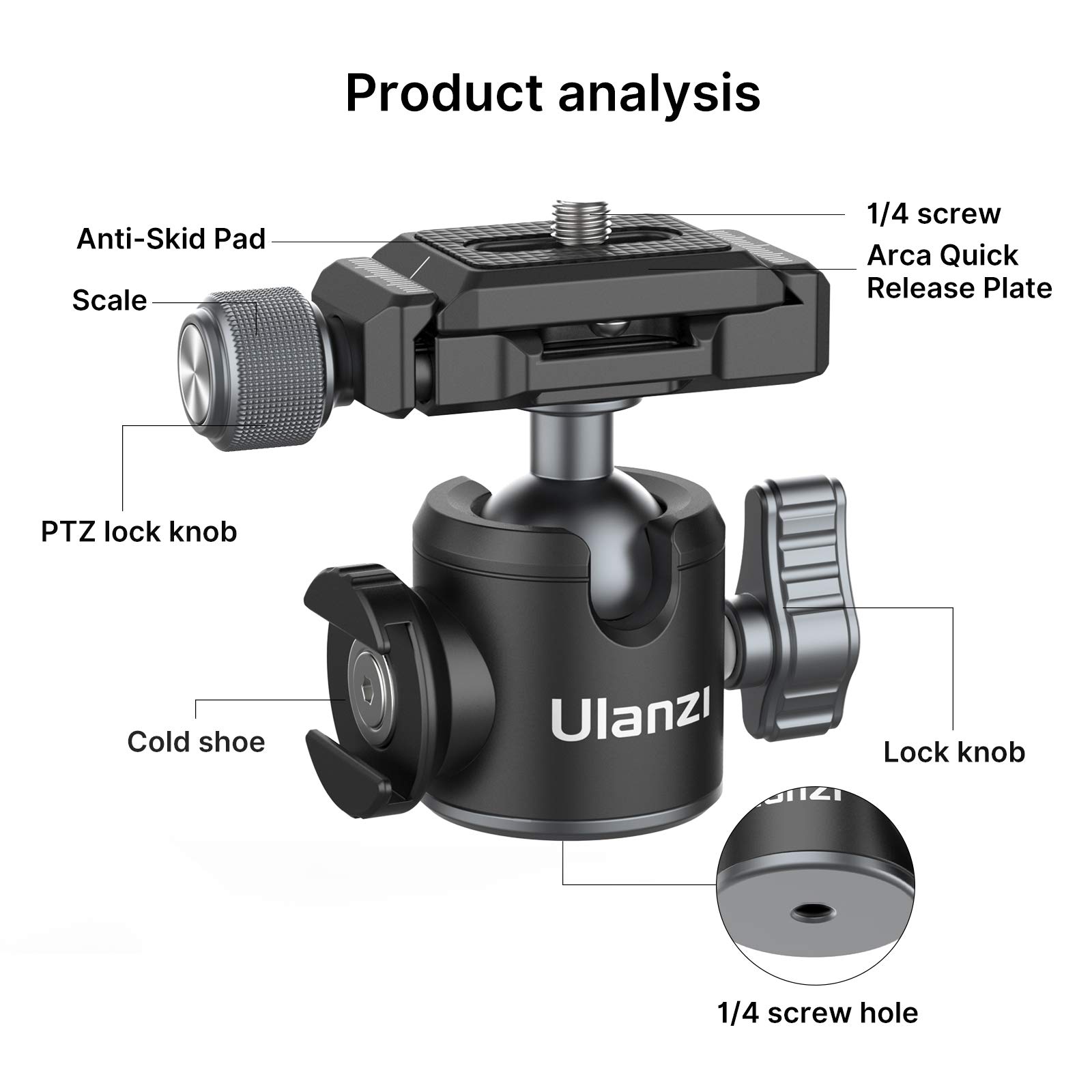 ULANZI U-80L Metal Ball Head Camera Mount Arca Swiss 360 Rotating with Quick Release Plate & Cold Shoe, 22lbs/10kg Load for 1/4