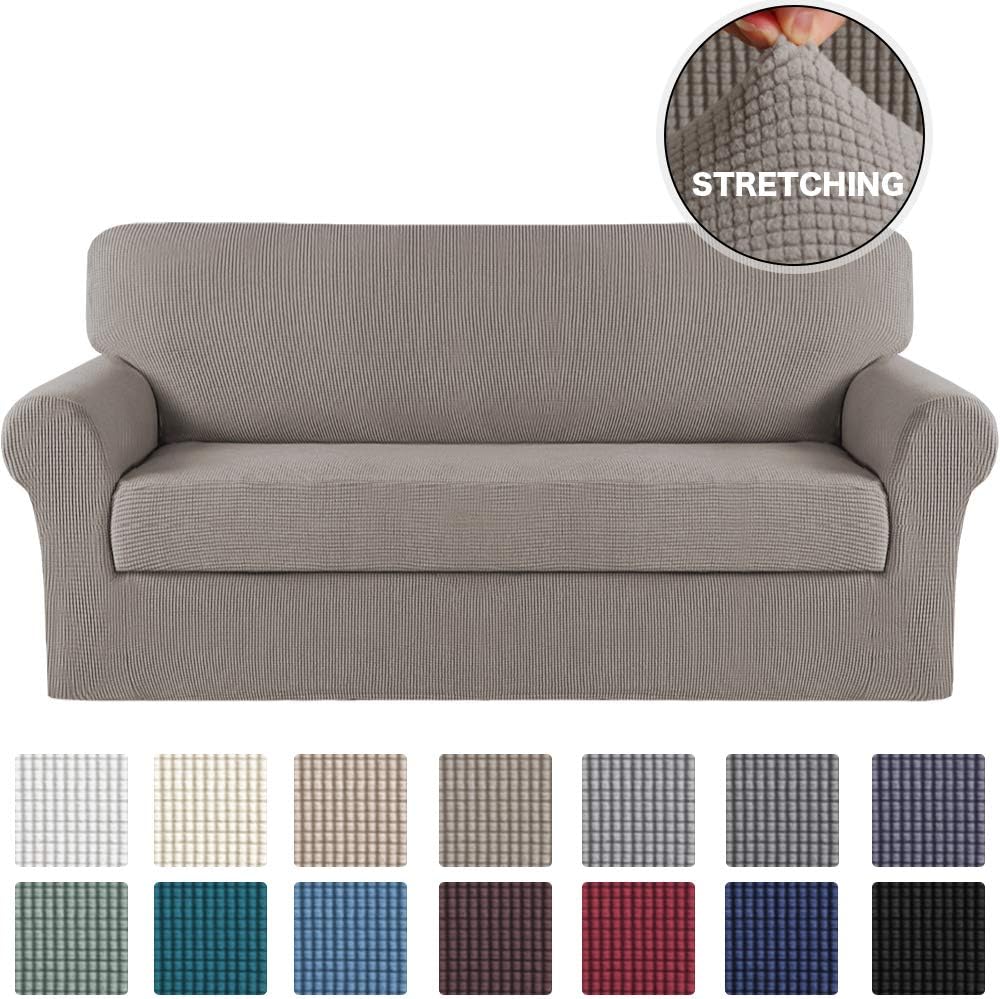Turquoize Stretch Sofa Slipcover 2 Piece Sofa Cover with Separate Cushion Cover Couch Cover for 3 Cushion Couch Furniture Protector with Elastic Bottom High Spandex Washable (Large, Taupe): Home & Kitchen