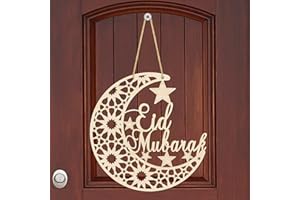 SIONOIUR Eid Mubarak Door Sign Wooden Hanging Signs, Ramadan Kareem Hollow Ornament Decorations Moon and Stars, Moon Shape Ramadan Mubarak Party Wood Wall Hanger for Islamic Muslim Home Decor Large Size