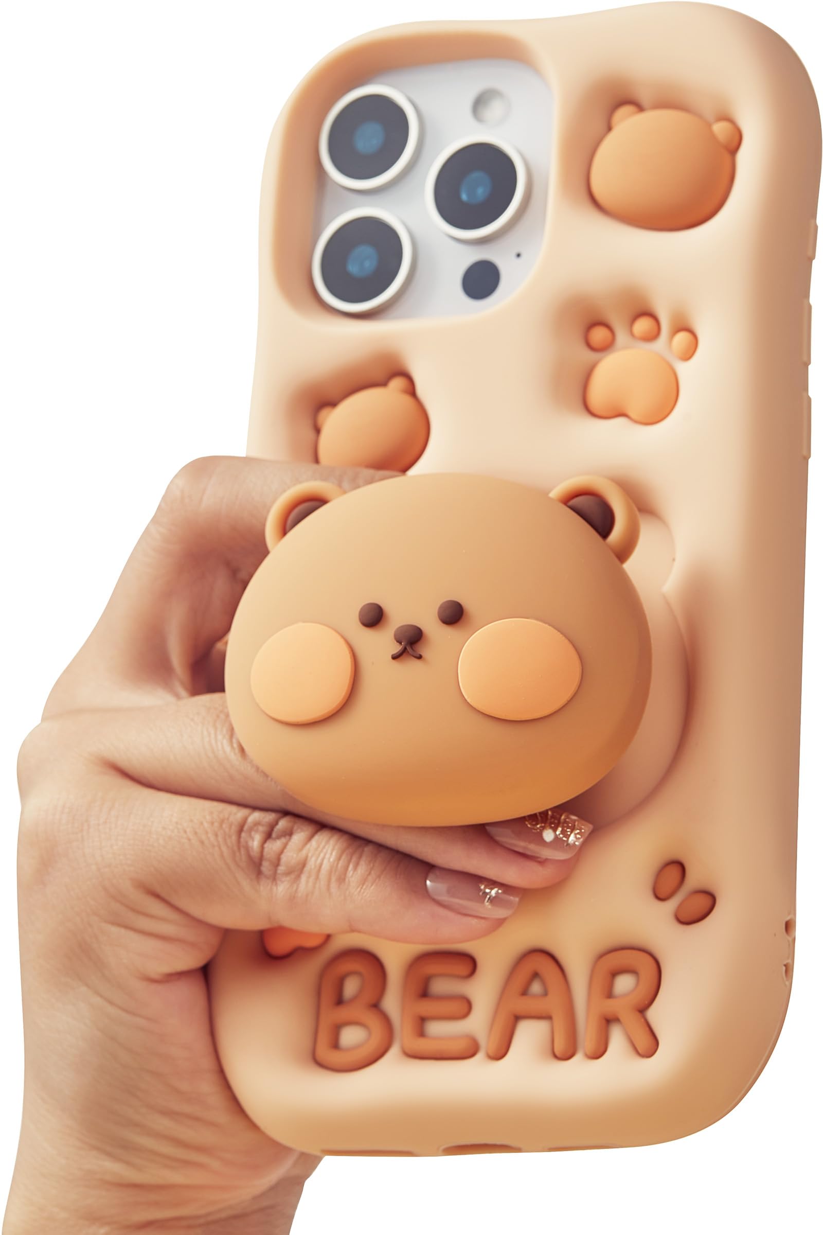 TUFTA Kawaii 3D Teddy Bear Phone Case for iPhone 14 Plus (with Stand and Grip) Cute Girly Cartoon Animal Phone Cover for Girls, Boys, Kids, Teens, and Women, Tan