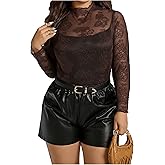 WDIRARA Women's Plus Size Lace Tops Mock Neck Long Sleeve Sheer Mesh See Through Tee Shirts