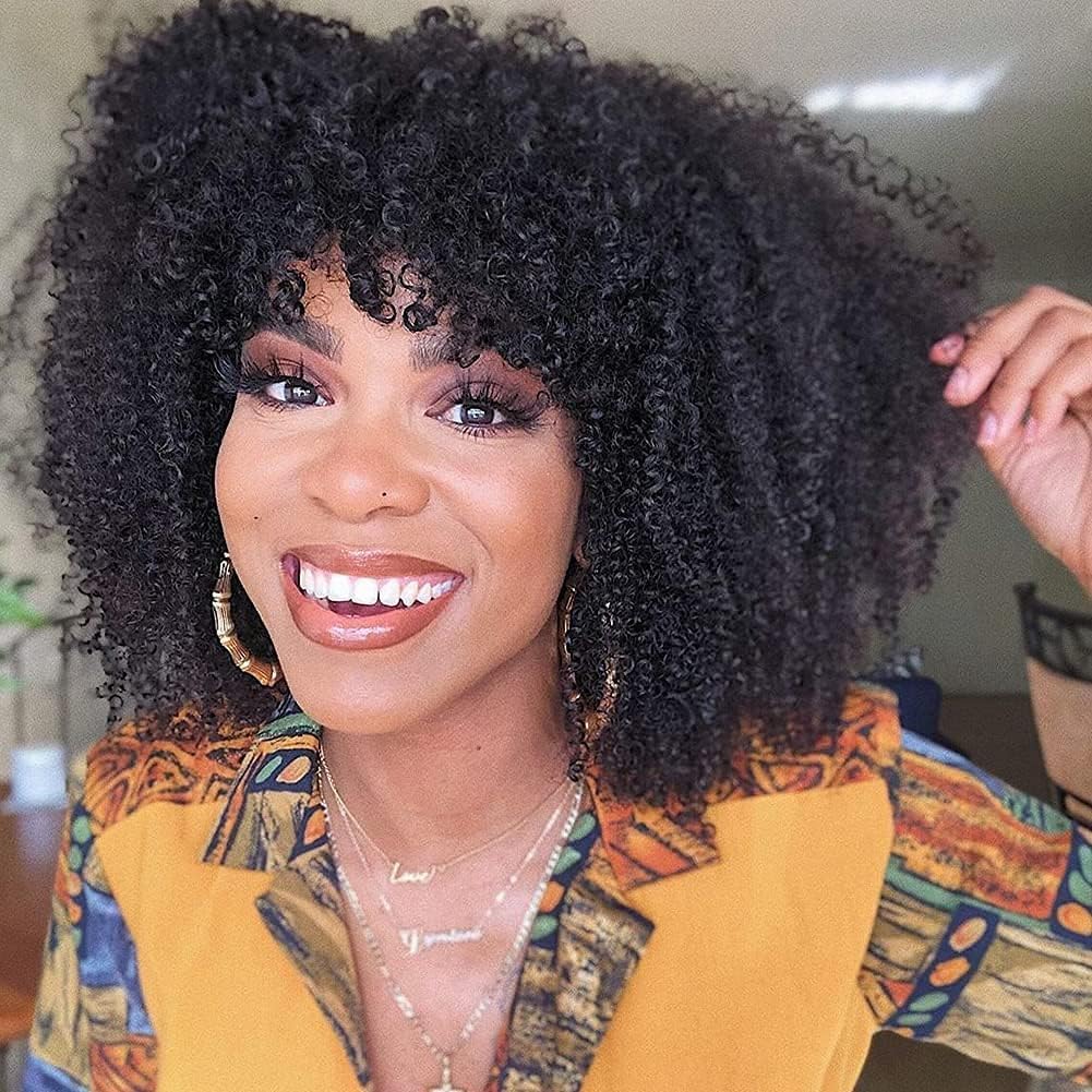 Afro Kinky Curly Human Hair Wig with Bangs for Black Women Short Small Curly Glueless Human Hair Wigs with Fringe 180% Density Machine Made Afro Kinkycurly Wig 14 Inch