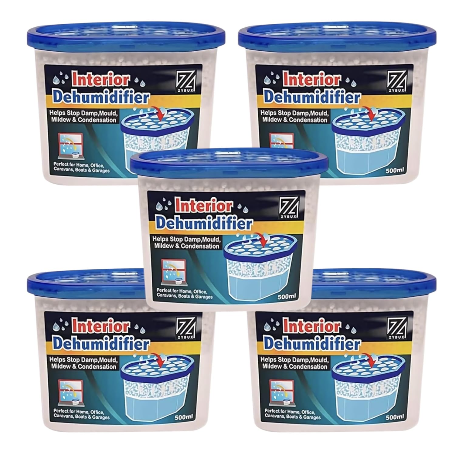 ZYBUX - Interior Dehumidifier 500ml - for Effective Reduction of Condensation Absorber, Mildew and Damp from cupboards, wardrobes, bathrooms, caravans, Boats and Vehicles (5)