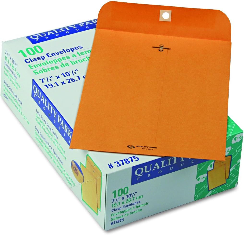 Quality Park Gummed Kraft Clasp Envelopes, 7.5 x 10.5, Box of 100 (37875) : Office Products