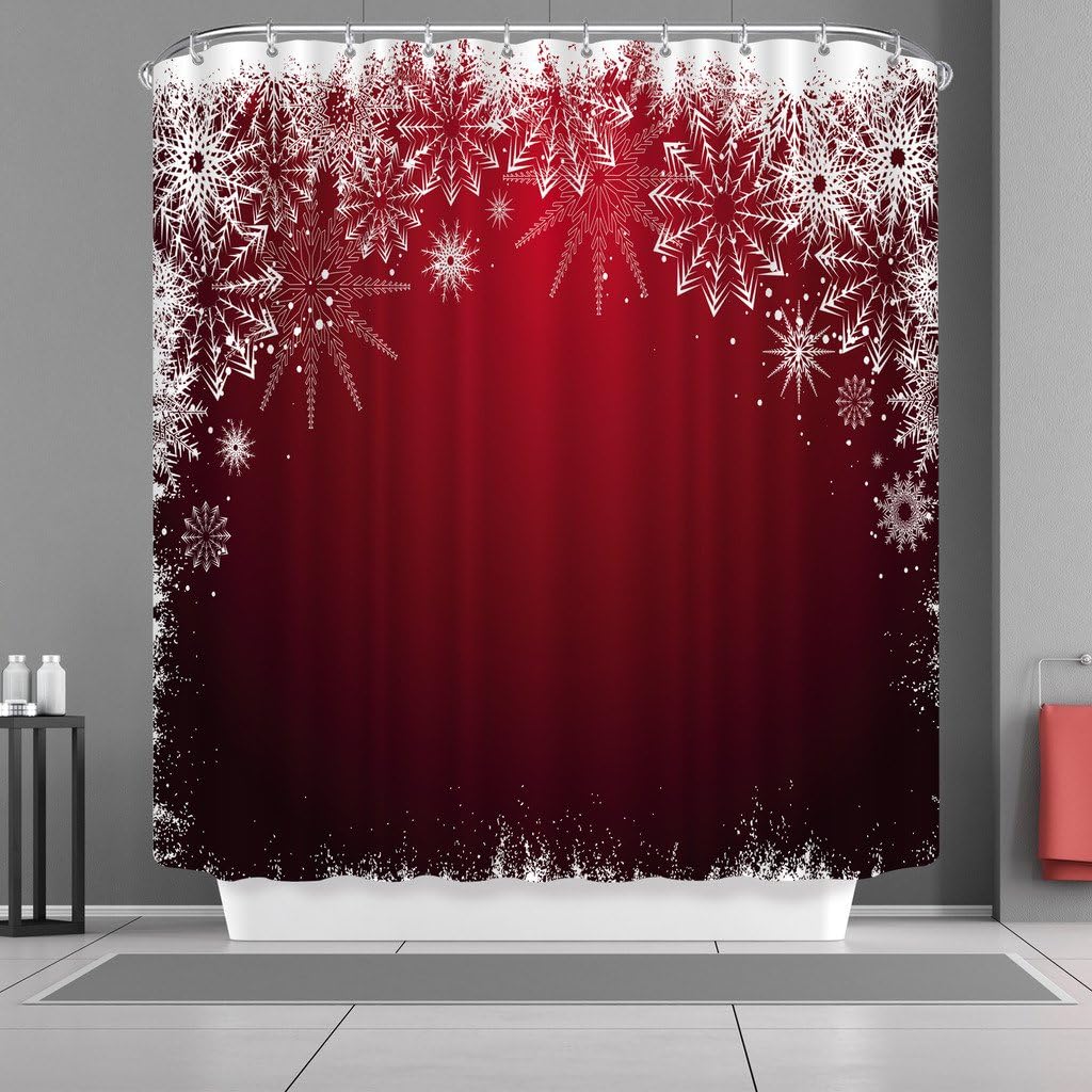 VANCAR Waterproof Bathroom Decor Custom Xmas Merry Christmas Shower Curtain Sets with Hooks 66"X72" White Snowflake Red Background Pattern Print