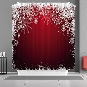 VANCAR Waterproof Bathroom Decor Custom Xmas Merry Christmas Shower Curtain Sets with Hooks 66"X72" White Snowflake Red Background Pattern Print
