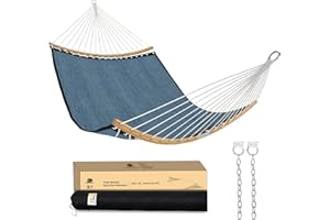 Patio Watcher 14 FT Double Hammock with Curved-Bar Bamboo, Outside Quick Dry Two Person Hammock with Olefin Fabric,Comfortable, Weather-Resistant,450 lbs Capacity, Dark Blue