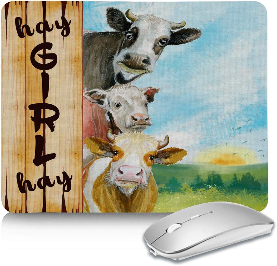 Watercolor Farmhouse Cow Mouse Pad Mat with Stitched Edges