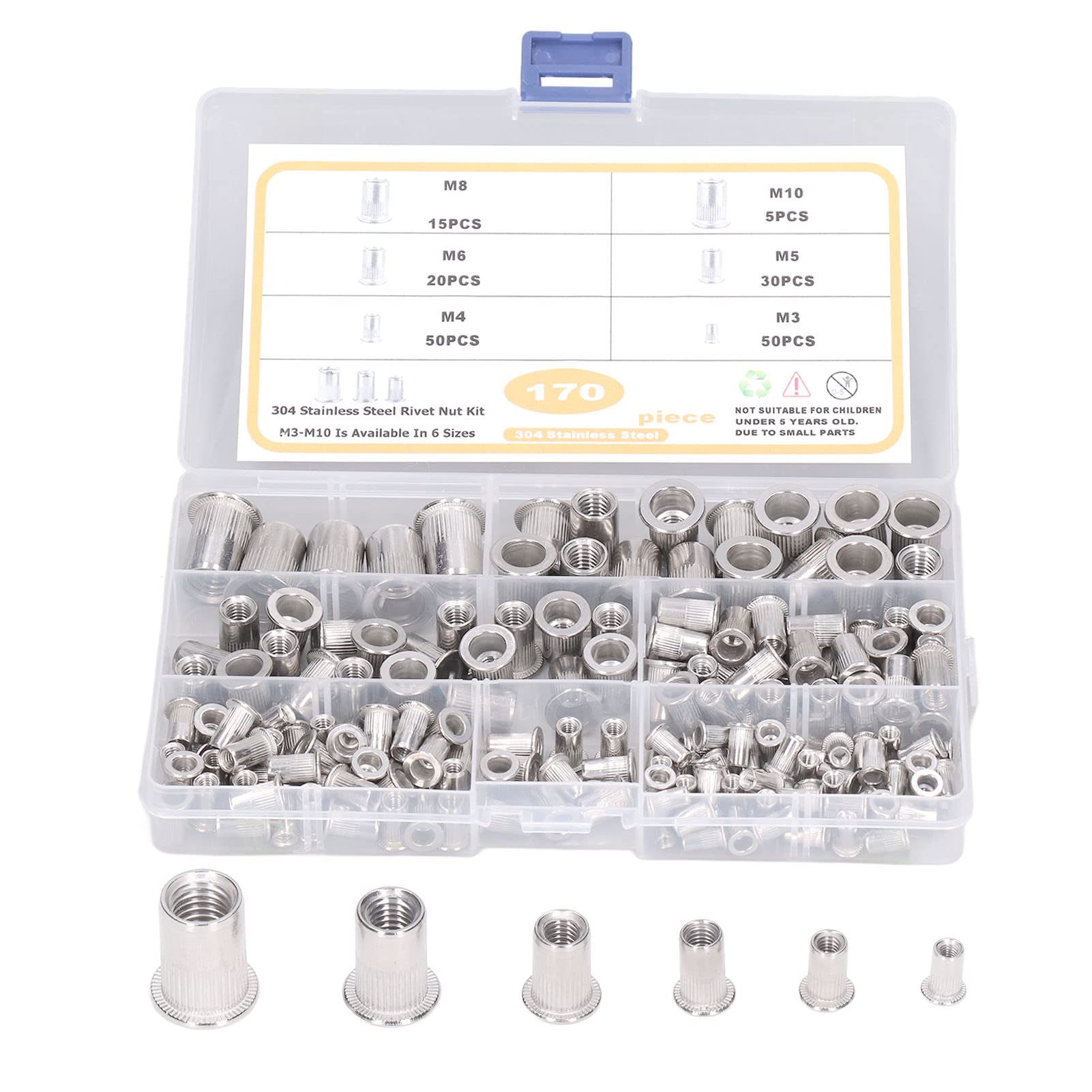 170 Pcs Rivet Nut Tool Kit M3 M8 Stainless Steel Flat Head Threaded Inserts for Metal Sheets Fastening Hardware Rivet Nuts Set