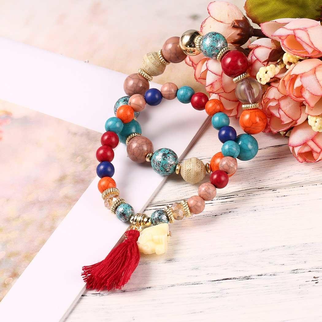 Goldenfox New Women Fashion Tassel Elephant Bangle Bracelet Beads Wristband Strand