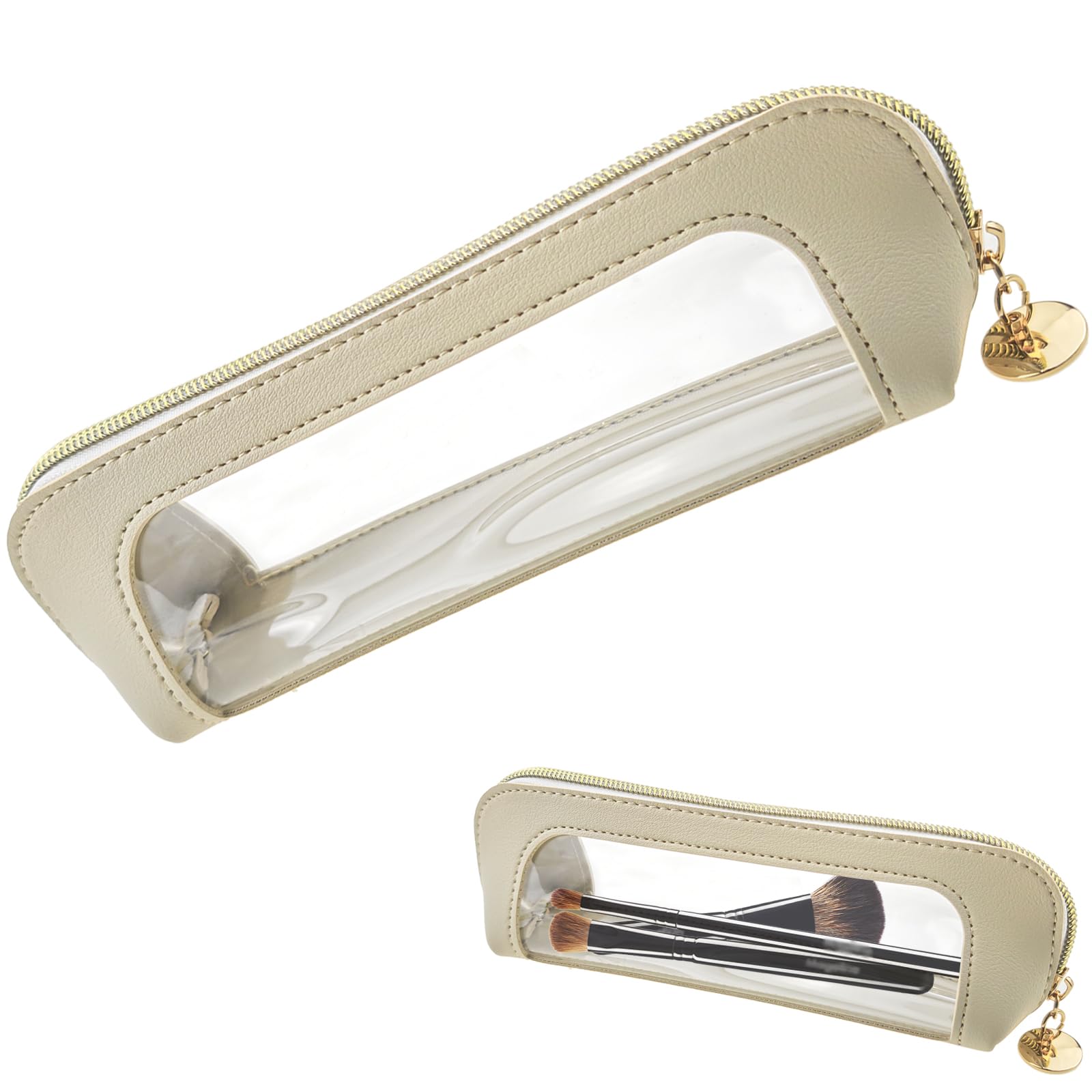 Photo 1 of 1 PACK Clear Makeup Bag, Double Sided Clear Toiletry Bag for Women, Leather Makeup Brush Bag, Portable Brush Bag Transparent Travel Cosmetic Bag, Makeup Case with Zipper(Beige Color)