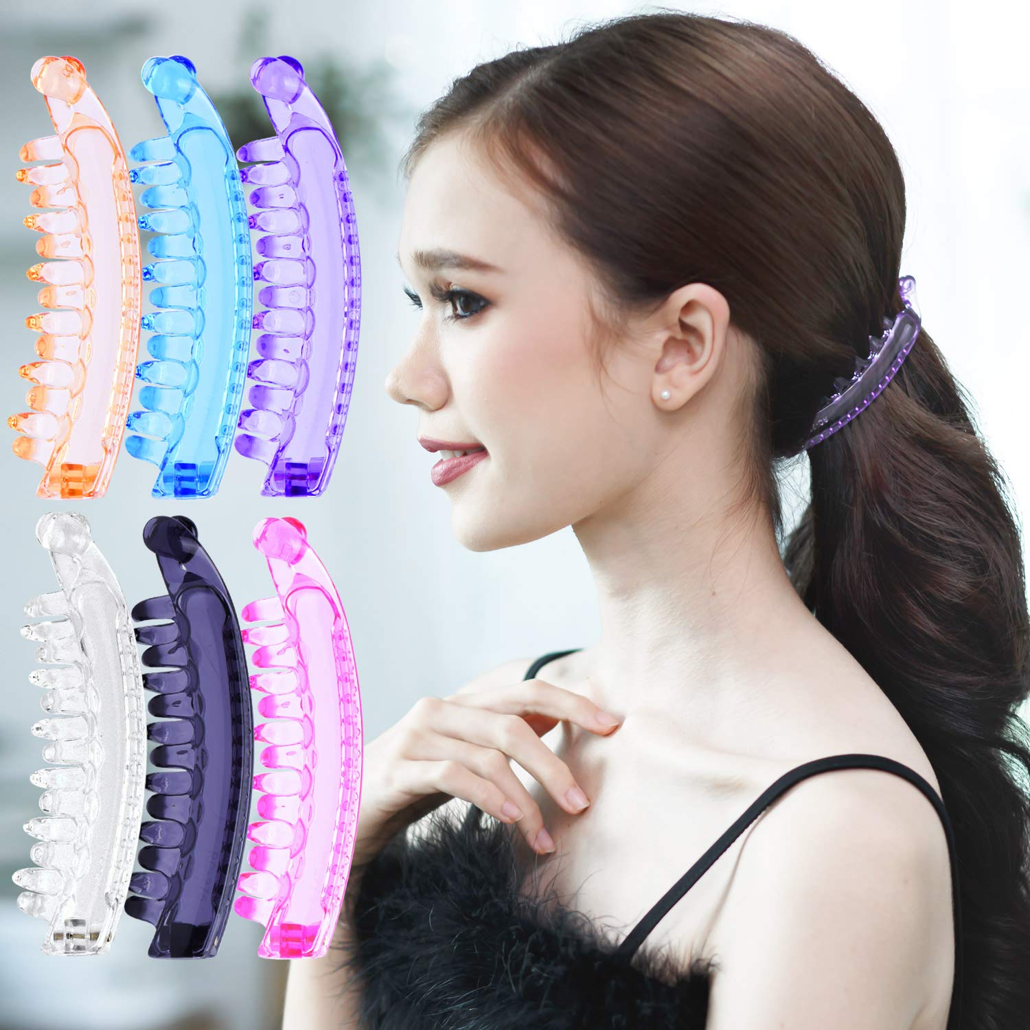 RC ROCHE 6 Pcs Large Banana Hair Clips Claws for Women Thick Curly Ponytail Holder Maker Big Comb No Crease Strong Hold Styling Clasp, Medium Transparent Multicolor
