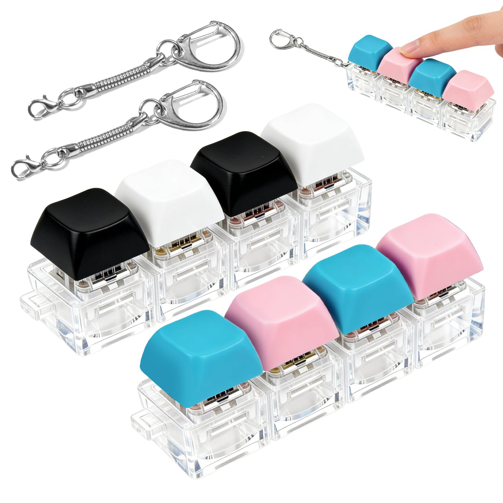 2 PCS Keyboard Fidget Toy – Clicky Fidget Keyboard with 4 Buttons – Portable Fidget Clicker with Keyring – Desk and Travel Fidget for Adults( (Black White, Blue Pink)