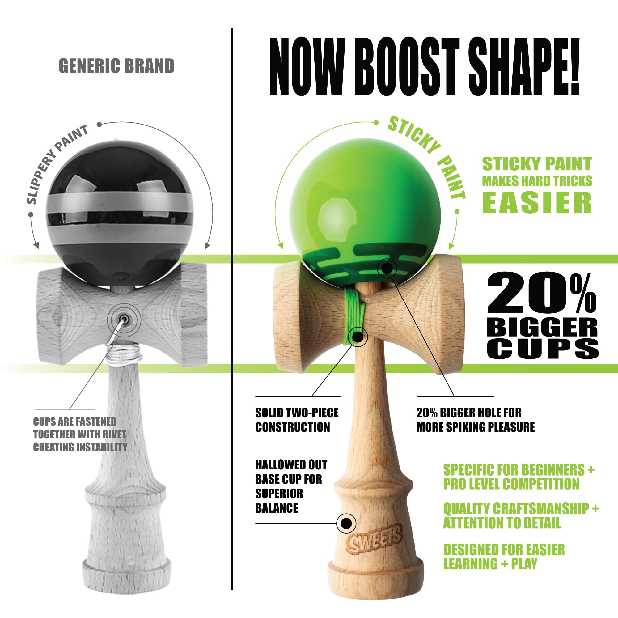 Sweets Kendamas Radar Boost Kendama - Sticky Paint, Improves Hand Eye Coordination, Reflexes, Perfect for Beginners, Extra String Accessory Gift Bundle (Green)