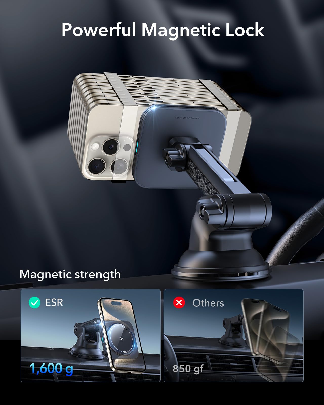 ESR for Qi2 15W MagSafe Car Mount Charger, for MagSafe Car Charger, Suction Cup Magnetic Wireless Car Charging, Dashboard Car Phone Mount for iPhone 17/16/15/14/13/12, S25, Pixel 10, Fast Charging