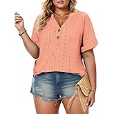 VISLILY Womens-Plus-Size-Summer-Tops Roll Short Sleeve V Neck T Shirts Trendy Eyelet Blouses Cute Buttons Up Tunics Tee