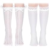 Suhine 2 Pair Oktoberfest Socks German Dirndl Knee High Socks with Bows Lace Trim Ruffle White Stockings for Women