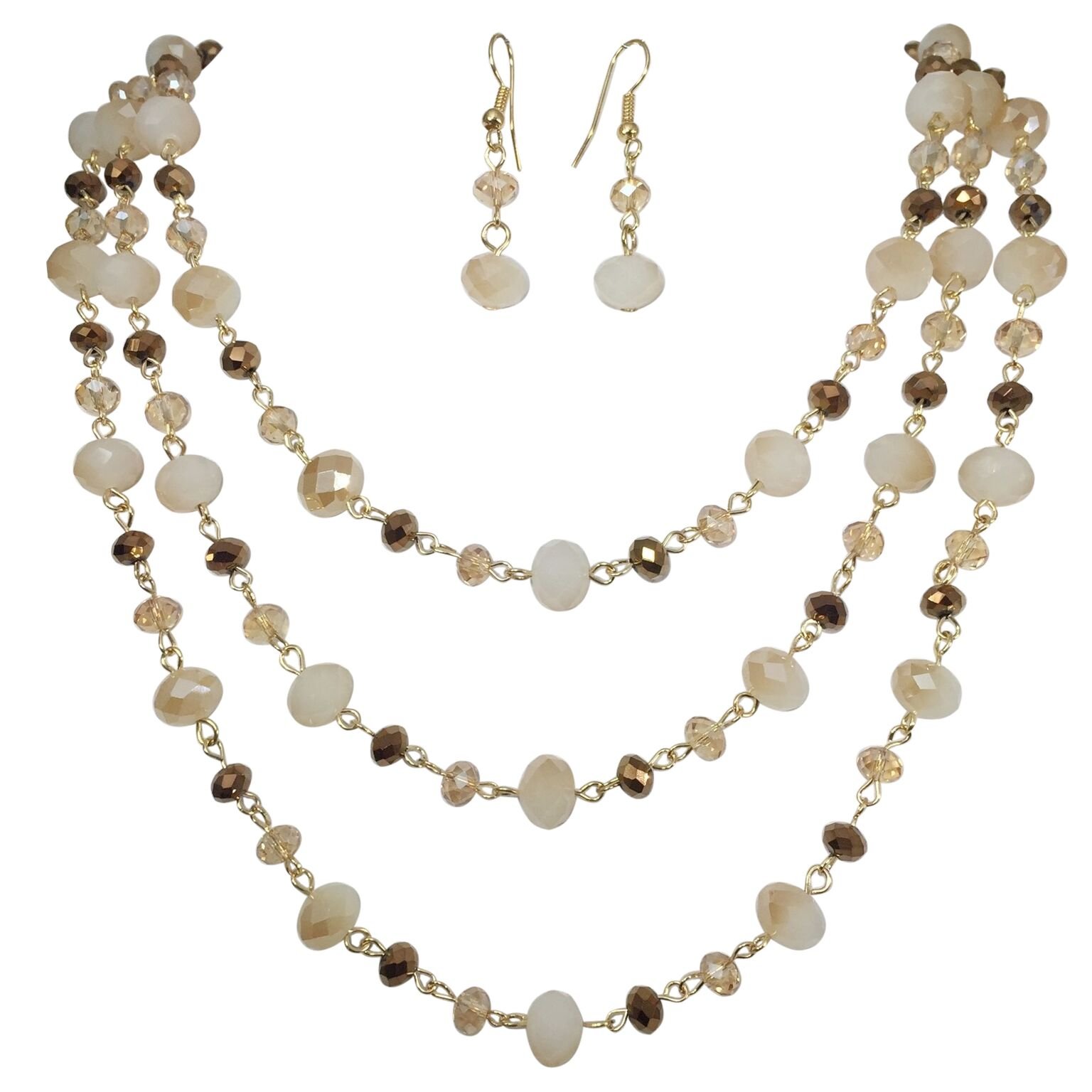 3 Row Layered Beveled Glass Beaded Boutique Style Necklace and Earrings Set