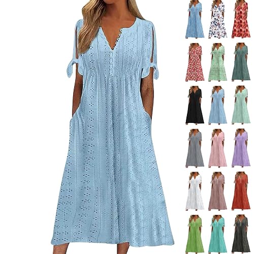 Summer Dresses for Women UK Elegant Mid Length V Neck Short Sleeve Beach Swing Sundress A Line Causal Ladies Long Maxi Dress with Pockets