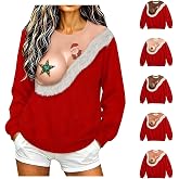 Christmas Sweaters for Women 3D Ugly Xmas Boobs Sweater Funny Crewneck Tops | Ugly Sweater Christmas Women 3D Naked Xmas Santa Pullover Funny Boob Long Sleeve Merry Christmas Shirts Wife Birthday Gifts