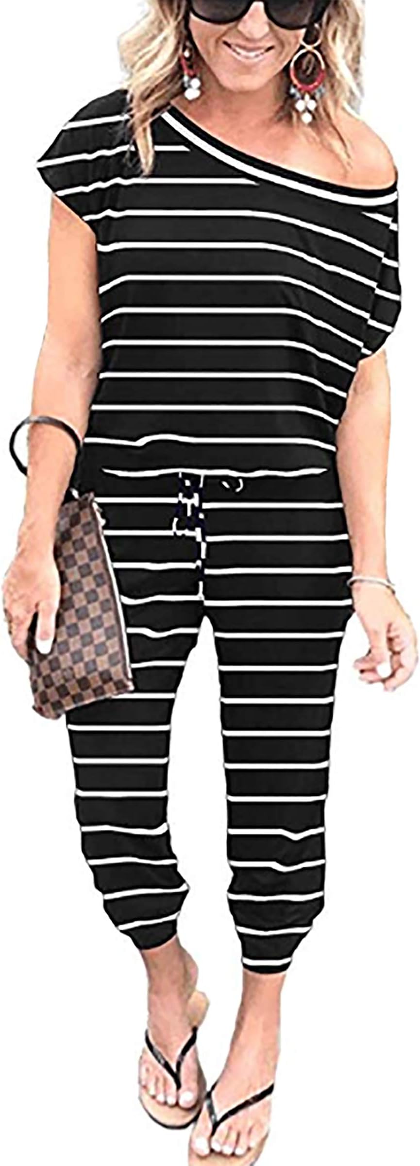 Women's Jumpsuits - Crewneck One Off Shoulder Short Sleeve Elastic Waist Romper Playsuits with Pockets