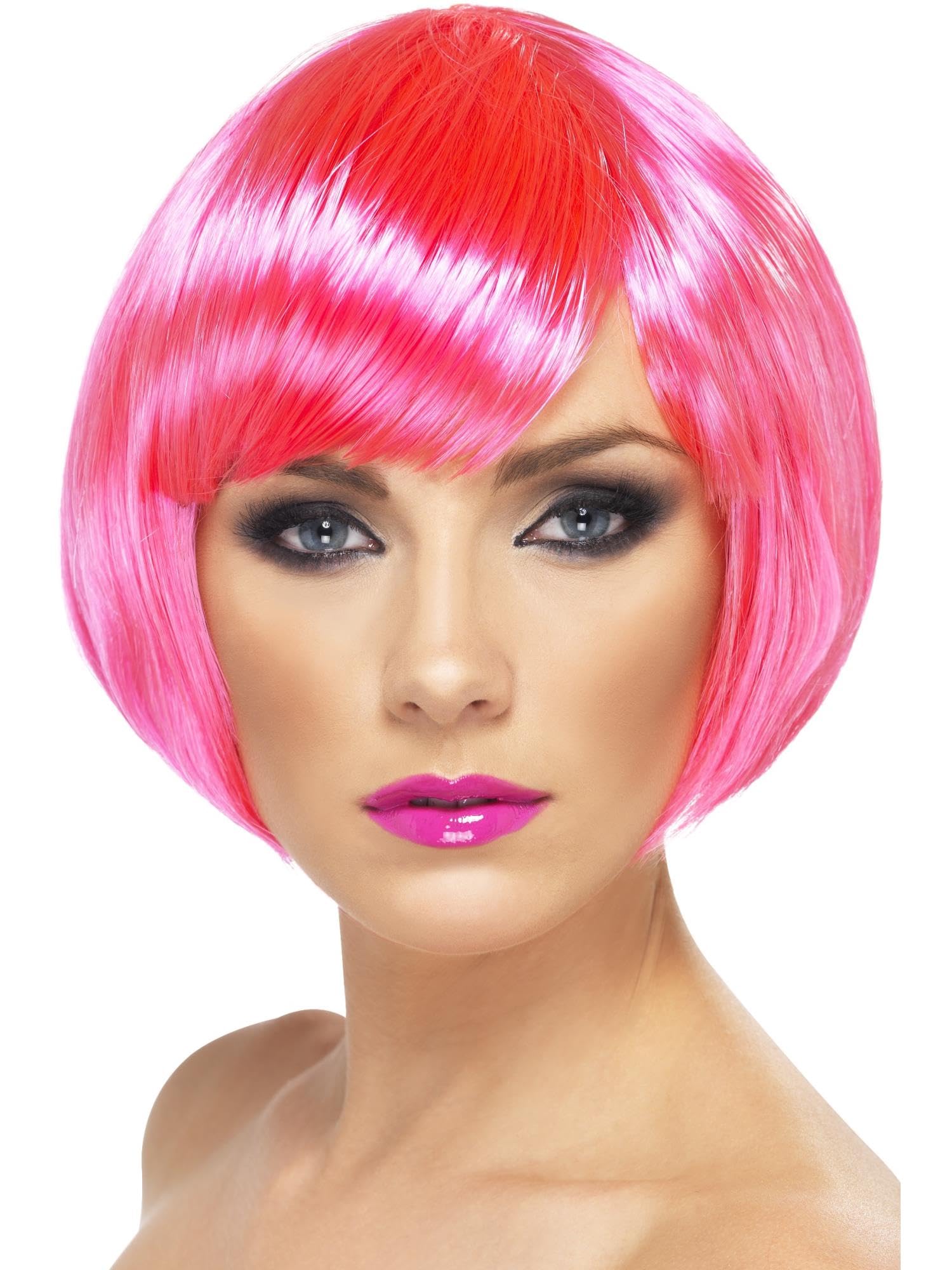 Smiffys Babe Wig, Neon Pink Short Bob with Fringe, Ladies Glamour Wigs Fancy Dress, Adult Dress Up Wigs
