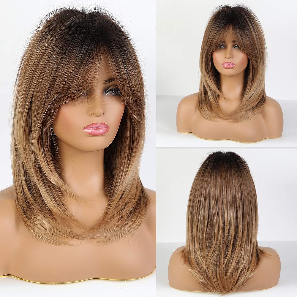 Long Wigs with Fringe, Ombre Dark Blonde Wigs for Women, Heat-Resistant Synthetic Wigs with Brown Roots for Daily / Party / Cosplay (20 Inches, Ombre Dark Ash Blonde)