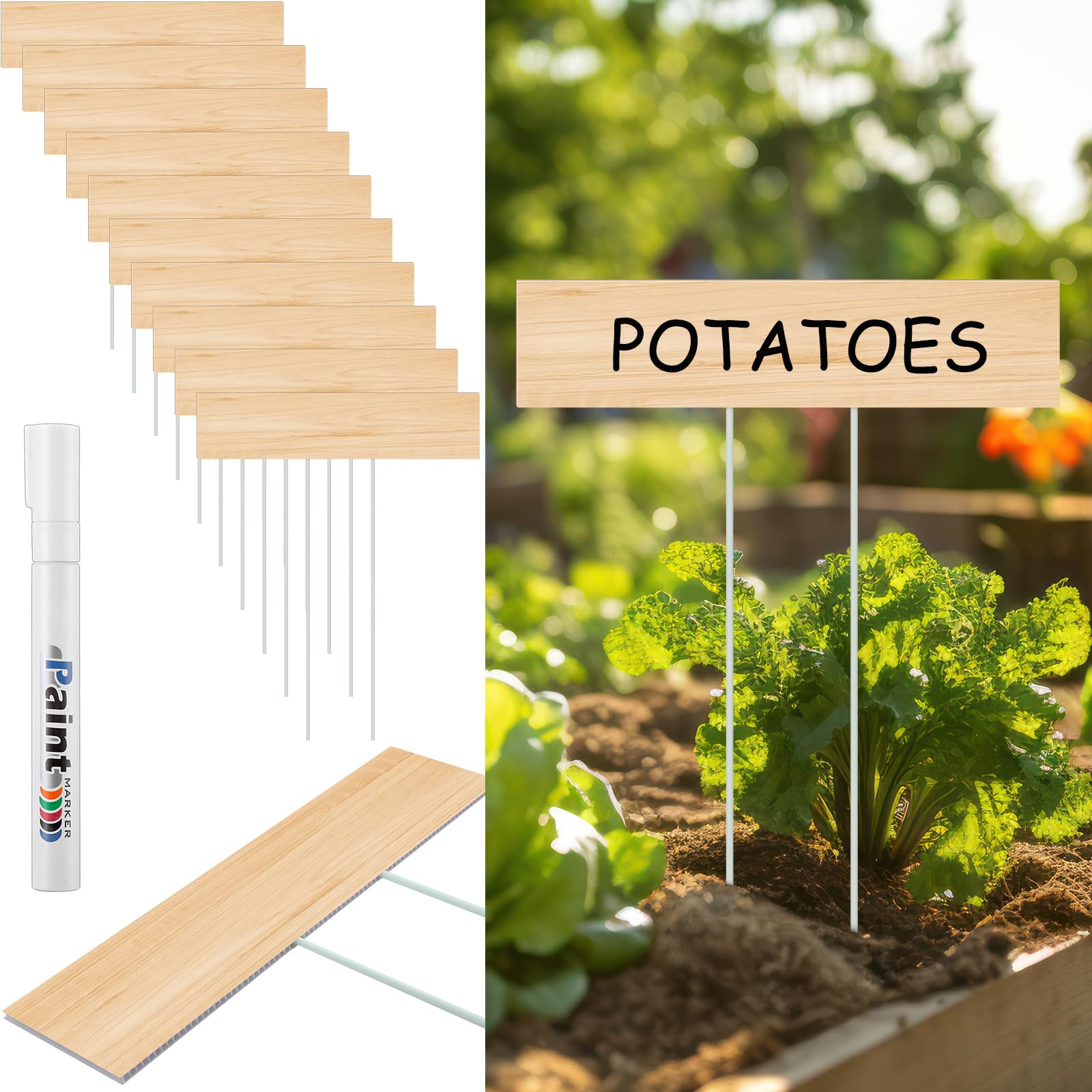 Photo 1 of Vercraft 10 Set Jumbo Outdoor Plant Label Stakes Waterproof Nursery Garden Markers Plastic T Type Plant Tag Identification Stake with Marker Pen for Herb Vegetable Flowers, 12" High(Wood Color)