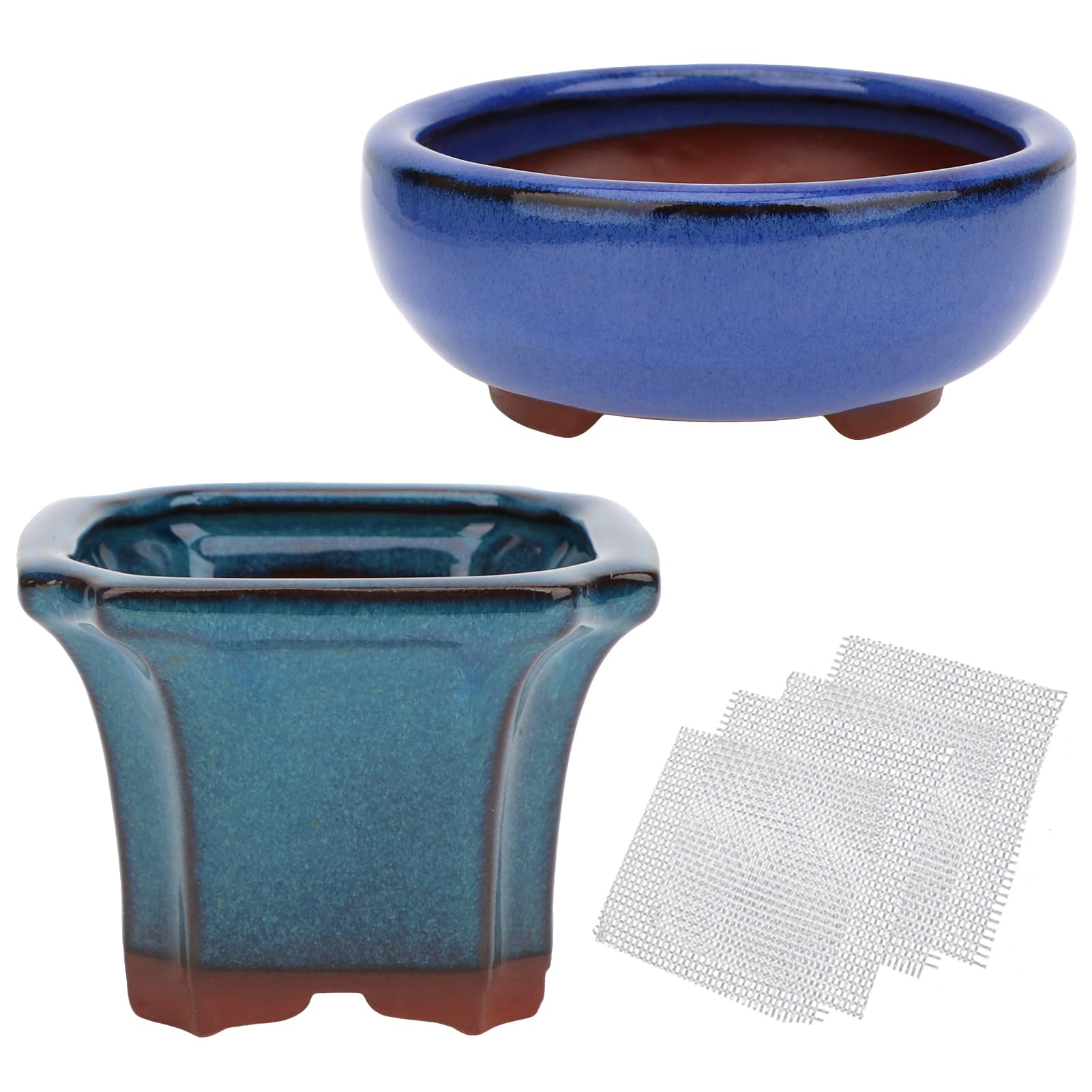 happy bonsai 4" Small Glazed Pots, Value Set of 2 + 4 Soft Mesh Drainage Screens