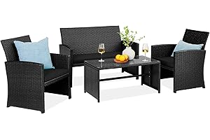 Best Choice Products 4-Piece Outdoor Wicker Patio Conversation Furniture Set for Backyard w/Coffee Table, Seat Cushions - Black/Black